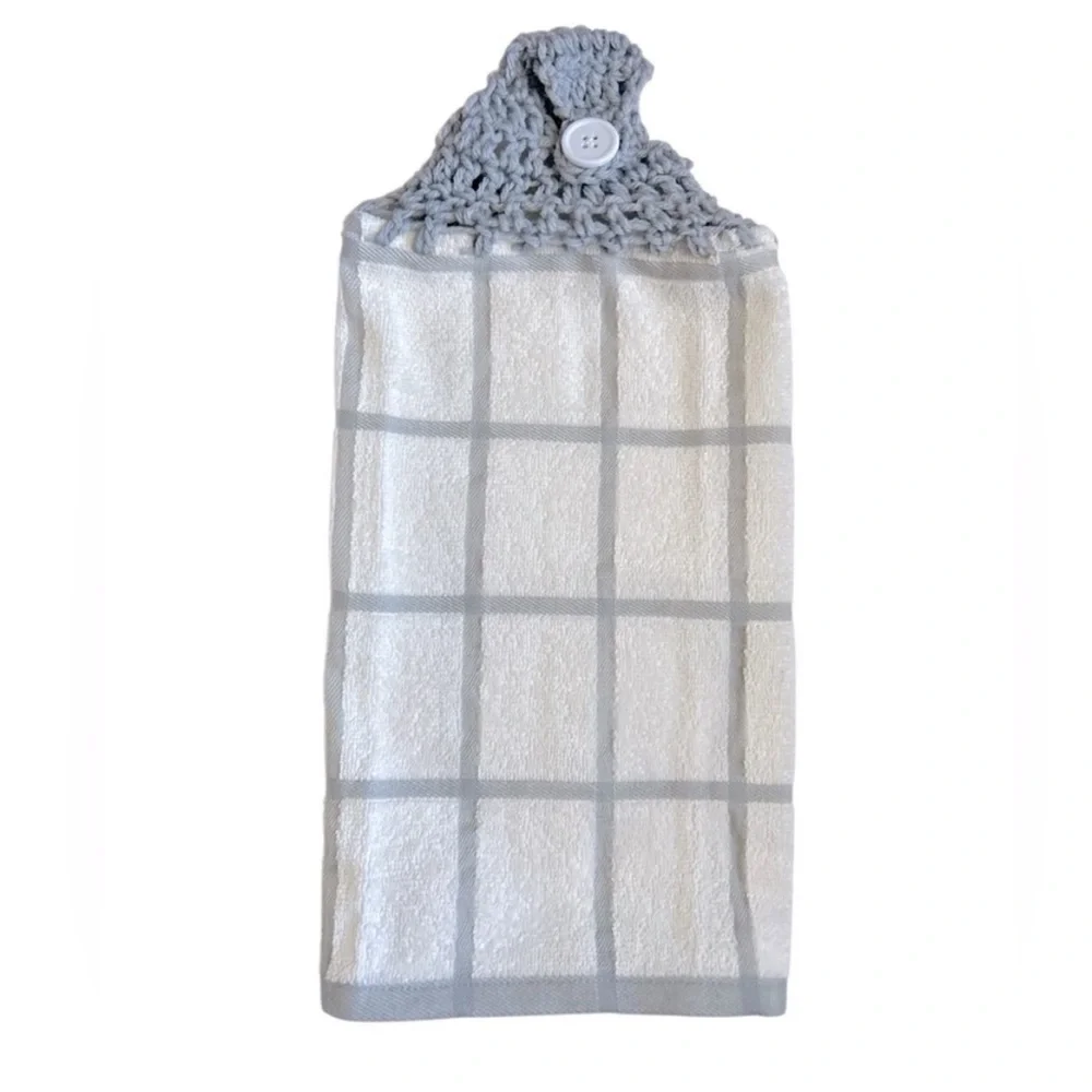 Hand Crafted Gray and White Hanging Kitchen Hand Towels Crochet Top